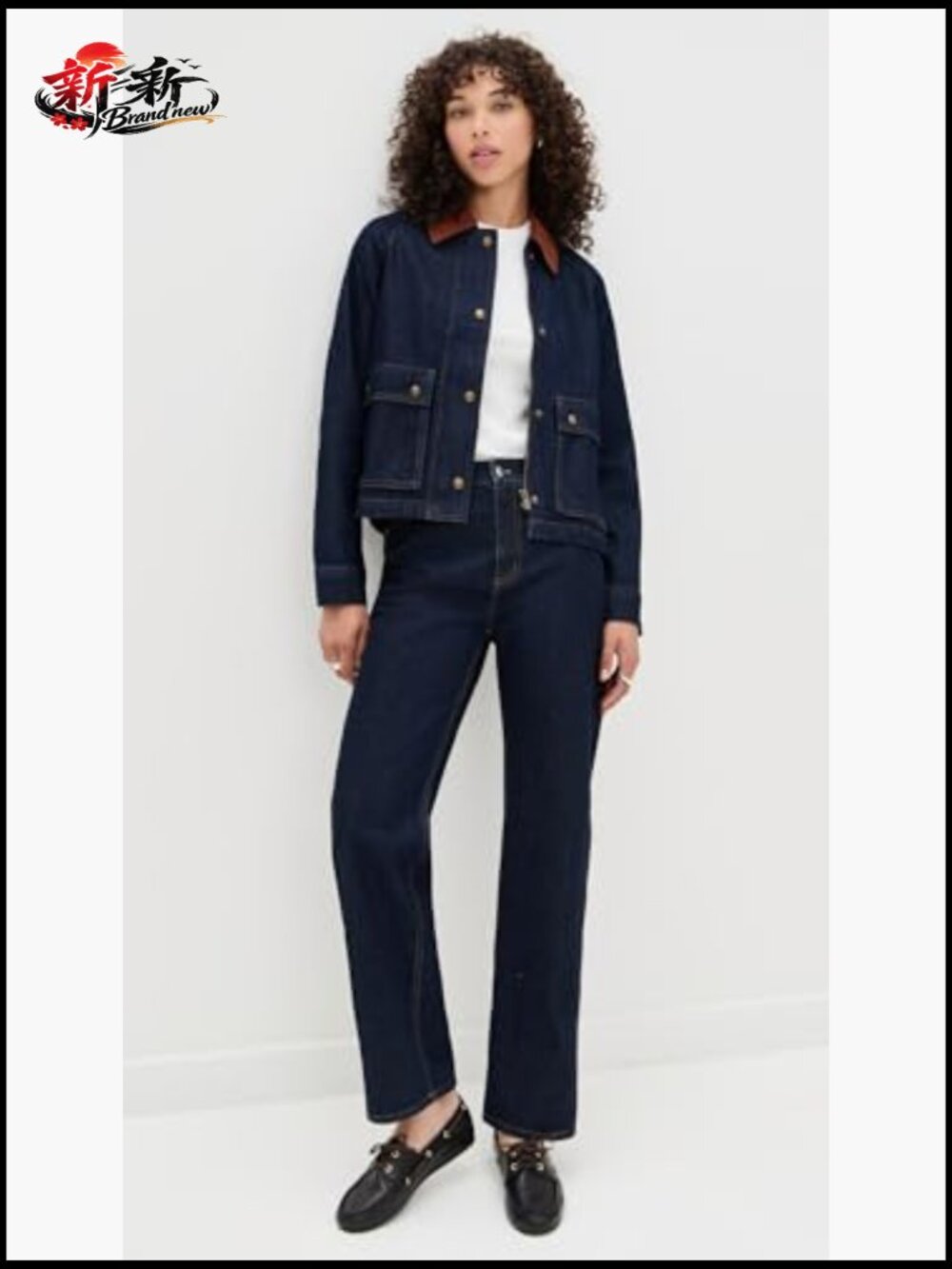Denim Trapeze Jacket with Corduroy Collar, Snap Flap Front - Picture 3 of 6